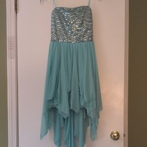 Love Reign Strapless Aqua Sequin Bodice High-Low Chiffon Dress